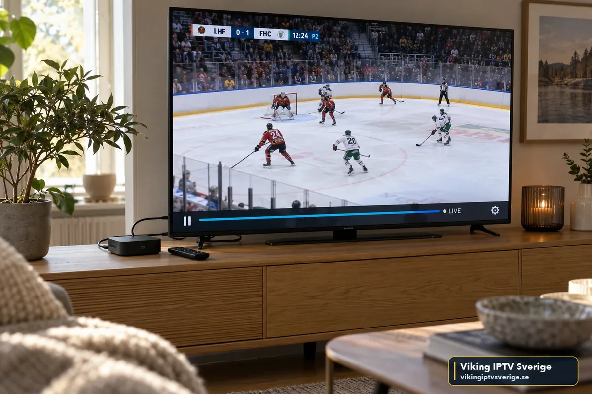 Installera IPTV på Android TV och Google TV Android TV-box och fjärrkontroll på TV-bänken medan ishockey spelas upp på TV:n – IPTV via Google Play-app