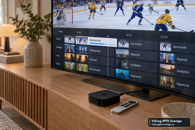 Apple TV-box och Siri Remote framför en TV som visar ishockey och en IPTV-programguide med kvällens tablå