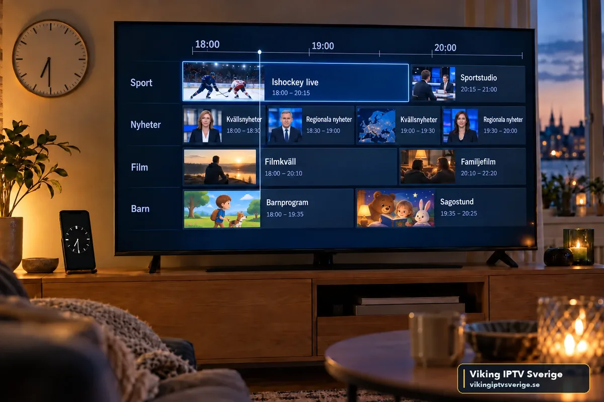 MYTVOnline – programguide och live-TV Programguide med tidslinje för sport, nyheter och film på en TV – den typ av live-TV-vy som MYTVOnline bygger på