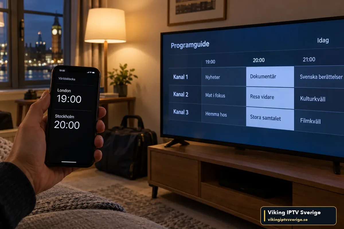 EPG och tidszon utomlands Mobil med världsklocka som visar London 19:00 och Stockholm 20:00 framför en TV med programguide i ett hotellrum