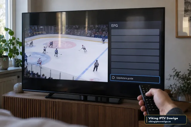 TV med ishockey bredvid en tom EPG-programguide och knappen ”Uppdatera guide”, fjärrkontroll i handen