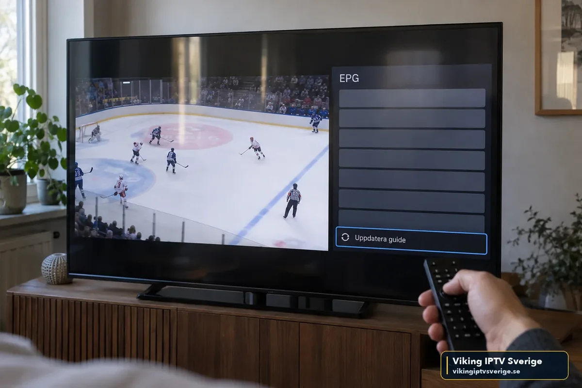 EPG uppdateras inte – appfel eller guidefel TV med ishockey bredvid en tom EPG-programguide och knappen ”Uppdatera guide”, fjärrkontroll i handen