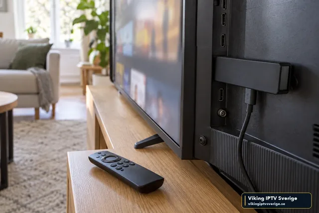 Fire TV Stick inkopplad i HDMI-porten på baksidan av en TV, med Fire TV-fjärrkontrollen på TV-bänken