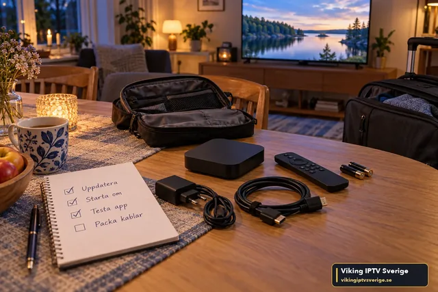 Streamingbox, fjärrkontroll, batterier, strömadapter och HDMI-kabel på ett bord bredvid en checklista med Uppdatera, Starta om och Testa app