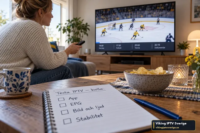 Checklista för ett gratis IPTV-test med app, EPG, bild och ljud samt stabilitet, framför en TV med ishockey och programguide