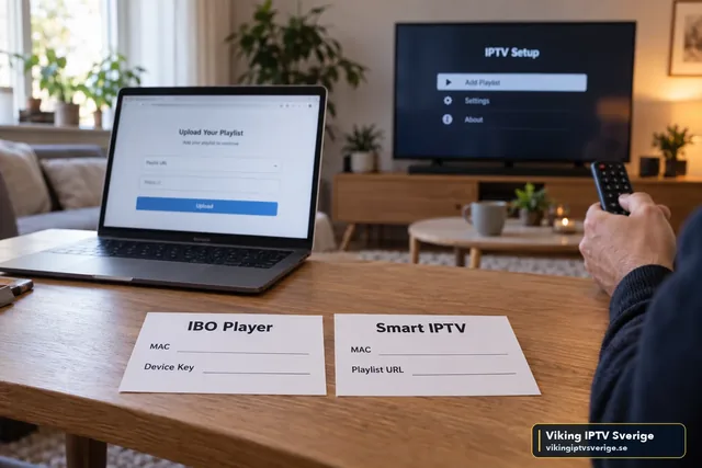 IBO Player- och Smart IPTV-kort med MAC-adress och spellista bredvid en laptop med uppladdningssida och TV med IPTV-inställning