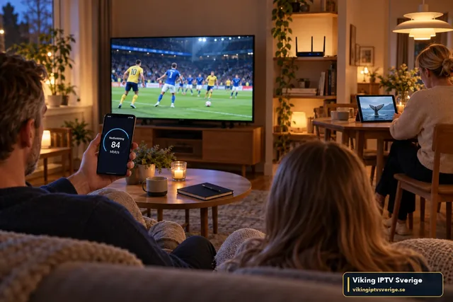 Hushåll där en man mäter Wi‑Fi-hastigheten med mobilen vid TV:n medan fotboll visas på TV:n och video spelas på en surfplatta