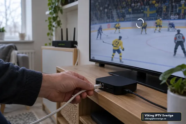 Ishockey som buffrar på TV:n medan en hand kopplar in en nätverkskabel i TV-boxen, med routern i bakgrunden