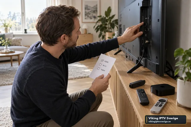 Man kontrollerar HDMI-porten på en TV med en checklista i handen, med Fire TV Stick, Apple TV och fjärrkontroller på bänken