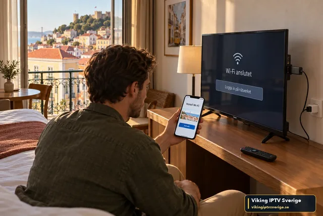 Man på hotellrum loggar in på hotellets Wi‑Fi med mobilen medan TV:n visar Wi‑Fi anslutet och Logga in på nätverket