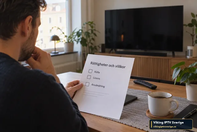 Man läser ett papper med rubriken Rättigheter och villkor och rutorna Källa, Licens och Användning framför en avstängd TV