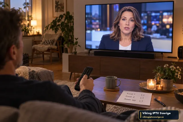 Man med fjärrkontroll jämför en nyhetssändning på TV:n med en lapp där Kanal 1, Kanal 2 och Annan app ska bockas av