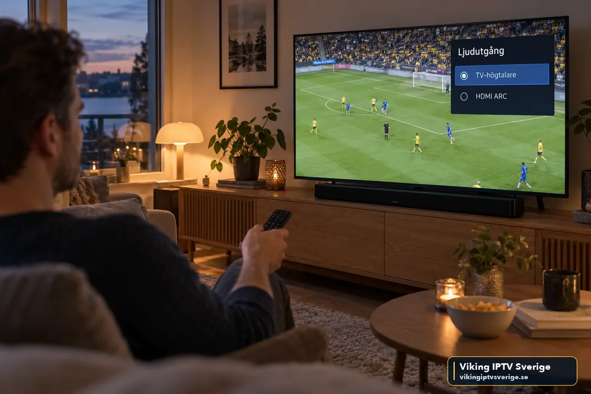 IPTV: ljud utan bild eller bild utan ljud TV med fotbollsmatch och menyn Ljudutgång med valen TV-högtalare och HDMI ARC, med en soundbar under TV:n