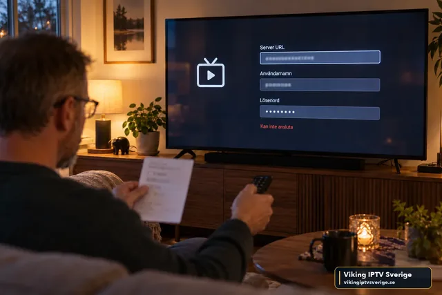 Man med anteckningar framför en TV som visar IPTV-inloggning med server-URL, användarnamn, lösenord och felet ”Kan inte ansluta”