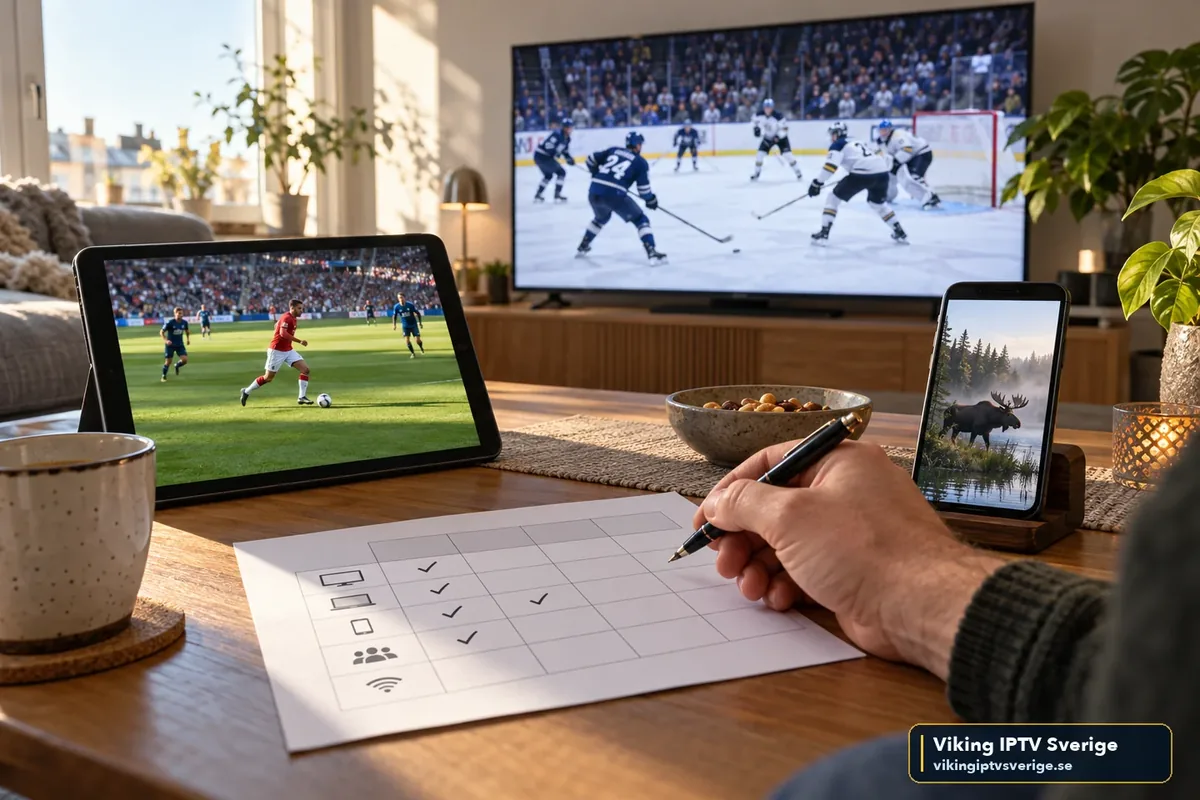 Jämföra IPTV-abonnemang Jämförelse av IPTV-abonnemang på papper bredvid TV, surfplatta och mobil som visar sport och natur