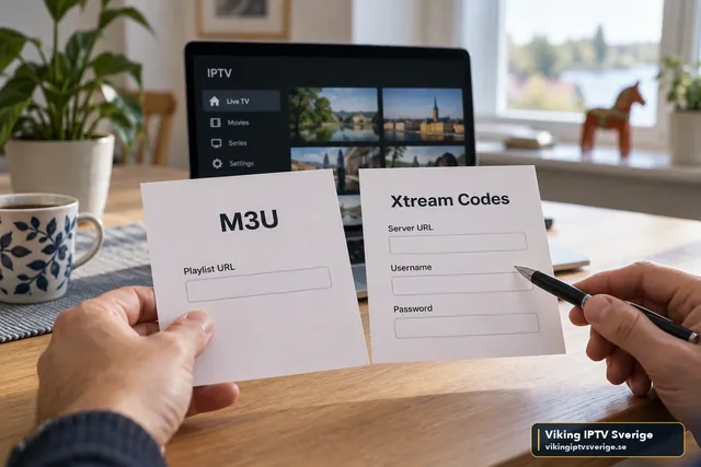 Två kort sida vid sida: M3U med spellistans URL och Xtream Codes med server-URL, användarnamn och lösenord