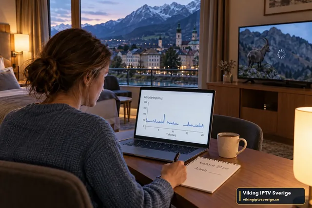 Kvinna på hotellrum följer fördröjningen över tid i en graf på laptopen och antecknar avbrott medan TV:n buffrar
