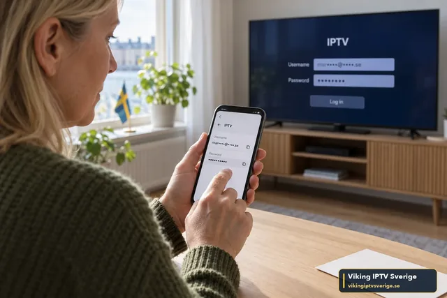 Kvinna med mobil där IPTV-användarnamn och lösenord är maskerade, framför en TV med inloggningsrutan för IPTV