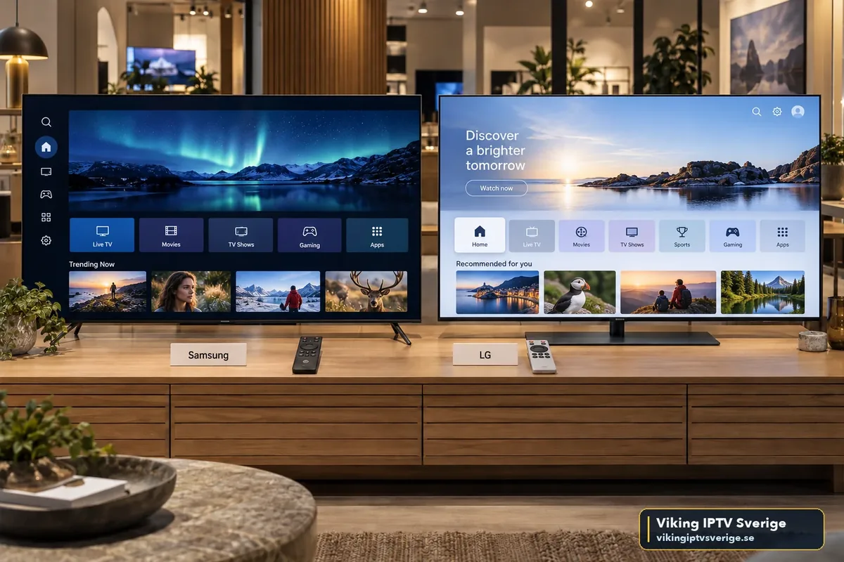 Net IPTV på Samsung och LG Samsung- och LG-TV sida vid sida med sina startskärmar – plattformarna där Net IPTV finns i appbutiken