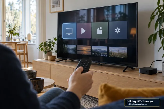 Smart TV med appmeny och fjärrkontroll i handen – kontrollera IPTV-appens kompatibilitet före installation