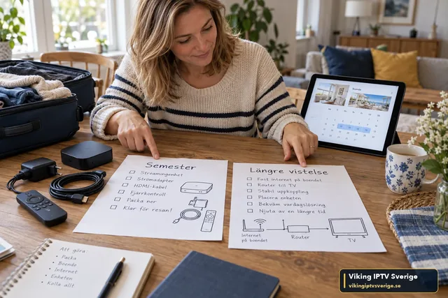Kvinna jämför två checklistor, Semester och Längre vistelse, med streamingbox, kablar, fjärrkontroll och resväska på bordet