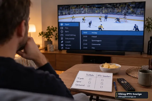 Person jämför TiviMate och IPTV Smarters med en handskriven lista framför en TV med kanalmeny och ishockey