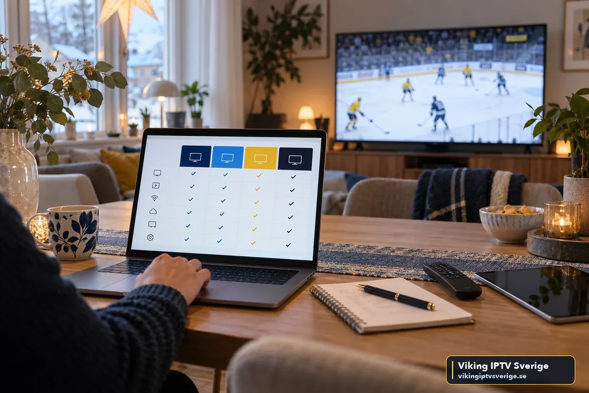 Vad kostar IPTV i Sverige 2026 Person jämför IPTV-priser och paket på en laptop i ett svenskt vardagsrum med ishockey på TV:n