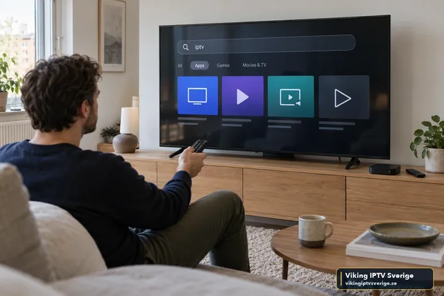 Man med fjärrkontroll söker efter IPTV-appar i appbutiken på en Smart TV, med en TV-box på TV-bänken