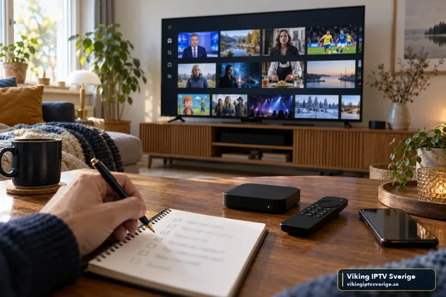 Checklista före köp av IPTV i ett anteckningsblock framför en TV med svenska kanaler och en TV-box