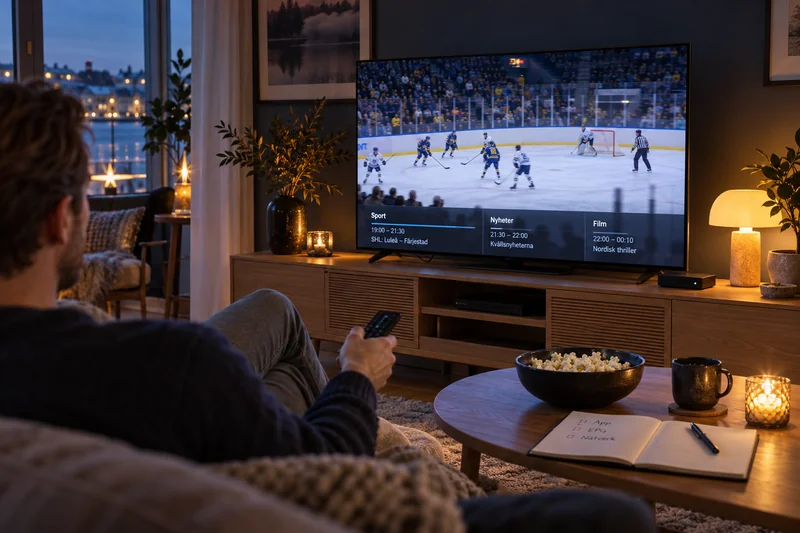 Svenskt vardagsrum med ishockey och programguide på TV, TV-box, fjärrkontroll och anteckningar om app, EPG och nätverk