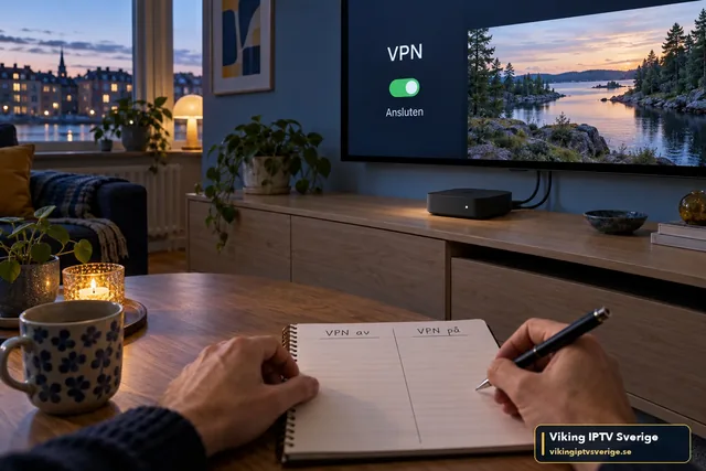 TV med VPN-inställningen påslagen och en anteckningsbok med kolumnerna VPN av och VPN på för att jämföra uppspelningen