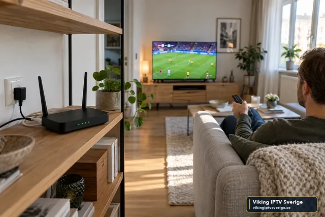 Wi‑Fi-router på en bokhylla i ena rummet och en TV med fotboll längre bort i vardagsrummet