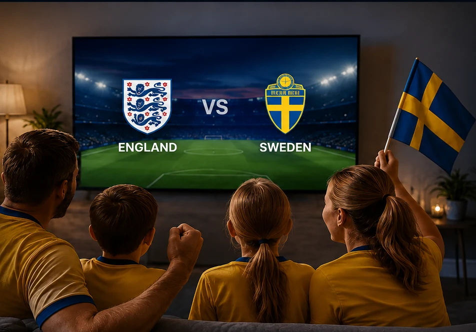 Svensk familj tittar på fotboll mellan Sverige och England på TV