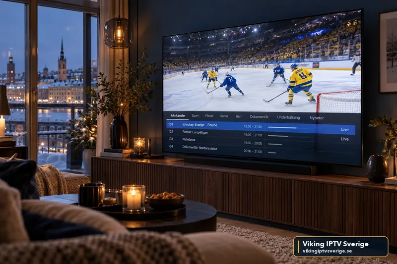 IPTV i ett vardagsrum en vinterkväll: ishockey på TV:n med programguide och kanalkategorier som Sport, Filmer och Nyheter