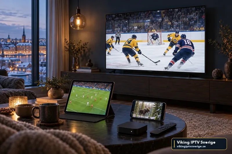 IPTV på Smart TV, surfplatta, mobil och TV-box i ett vardagsrum en vinterkväll